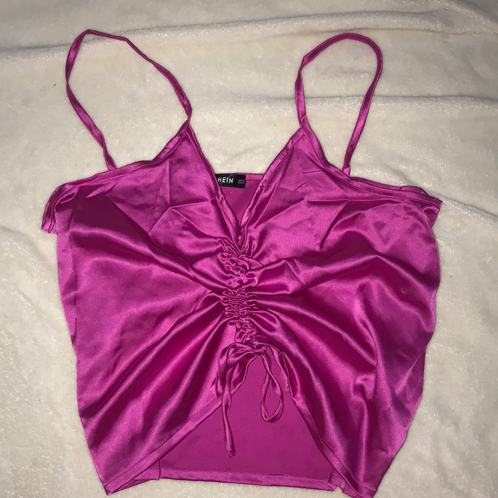 pink silk, ruched, cami top